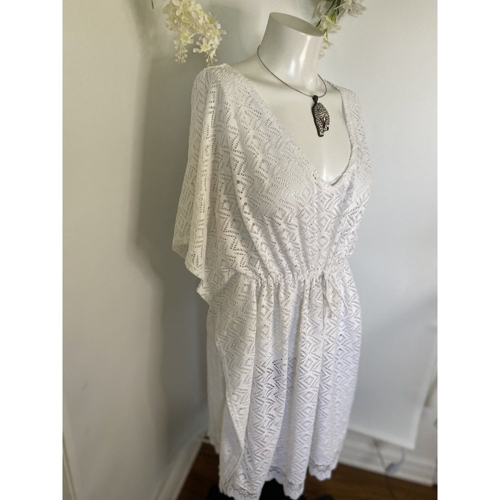 Tahiti Crochet Swim Cover Up Womens White V Neck Boho Dress XL‎ Adjust Waist VTG